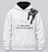 Front view of white VZAEMOA graphic hoodie with grey cat over the shoulder and playful front text