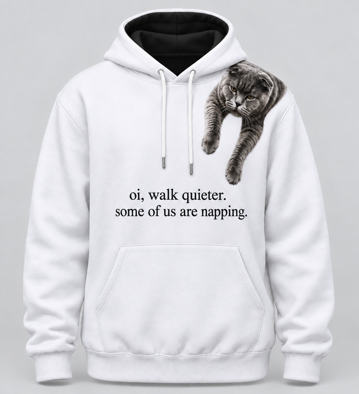 Front view of white VZAEMOA graphic hoodie with grey cat over the shoulder and playful front text