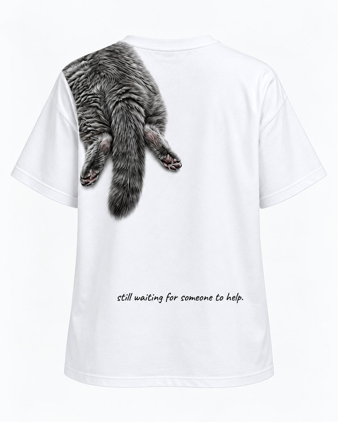 Back view of white VZAEMOA graphic tee with grey cat draped over the shoulder and playful back text