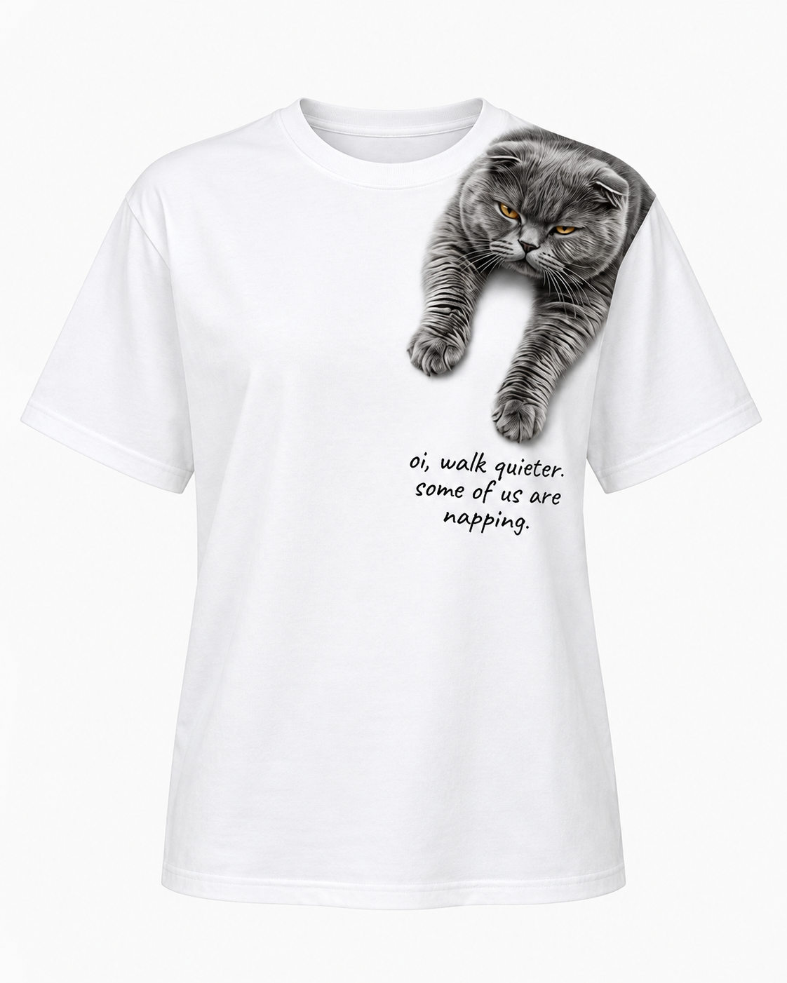 White VZAEMOA graphic tee with grey cat draped over the shoulder and playful front text