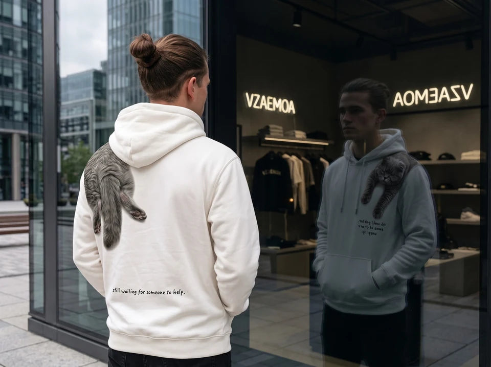 The VZAEMOA hoodie, back view and front reflection